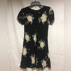 Black Floral Short Sleeve Dress with Cream Roses